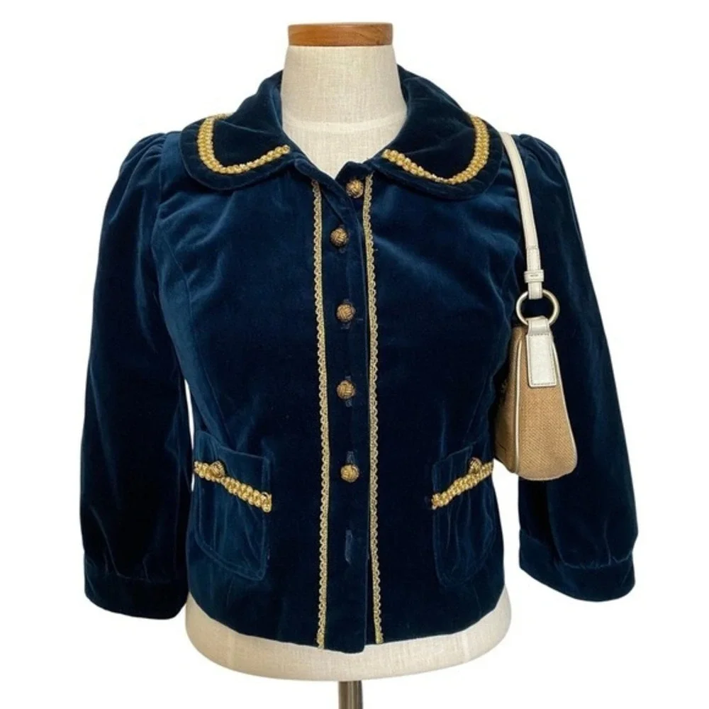 VTG Cynthia Steffe Velvet Renaissance Cropped Blazer Women 8 Blue Royal Medieval